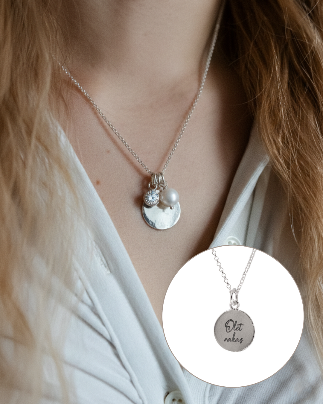 Kiiltävä pyöreä laatta - Kaulakoru omalla kaiverruksella